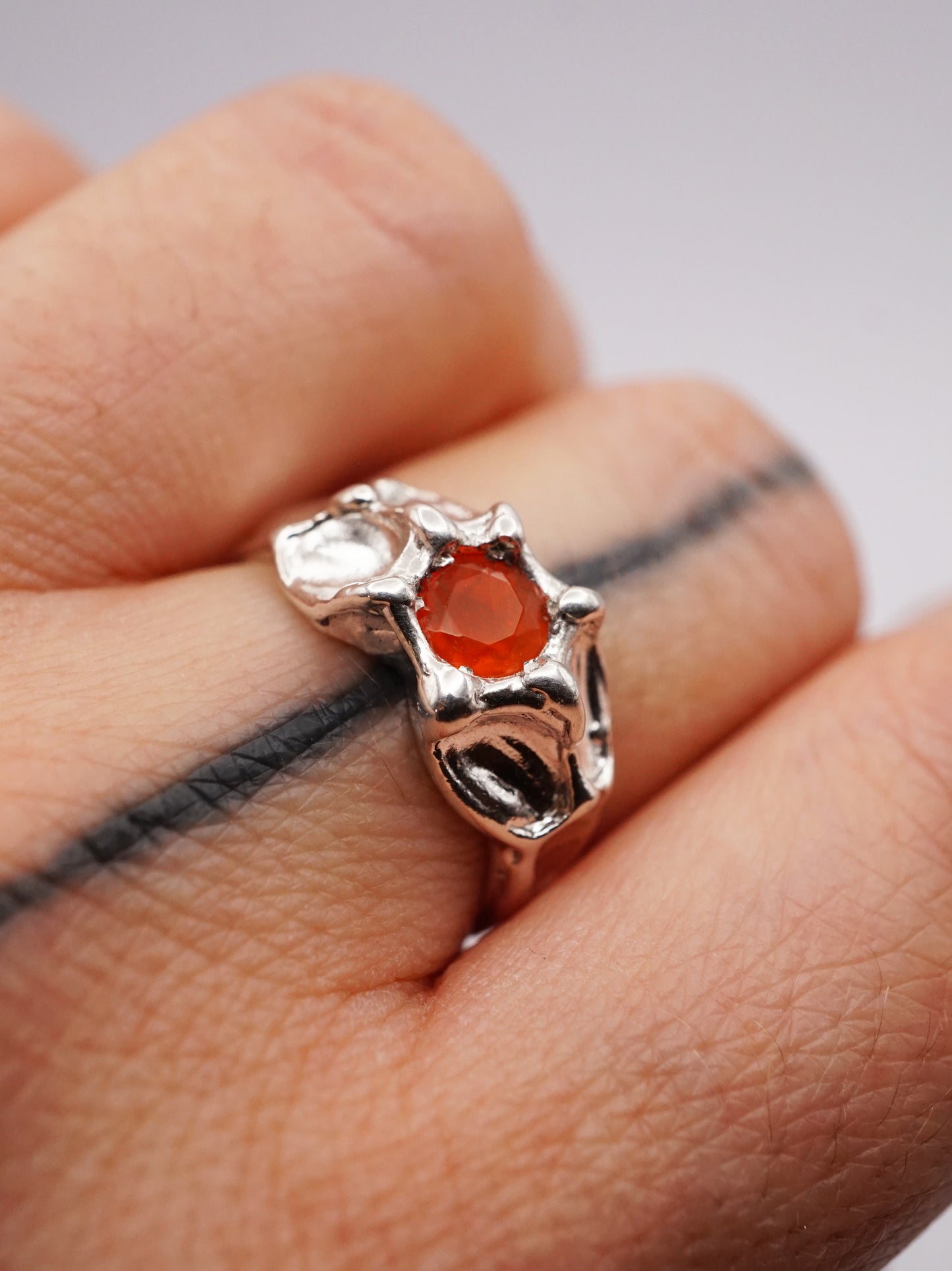 sterling silver OOAK ring with round fire opal