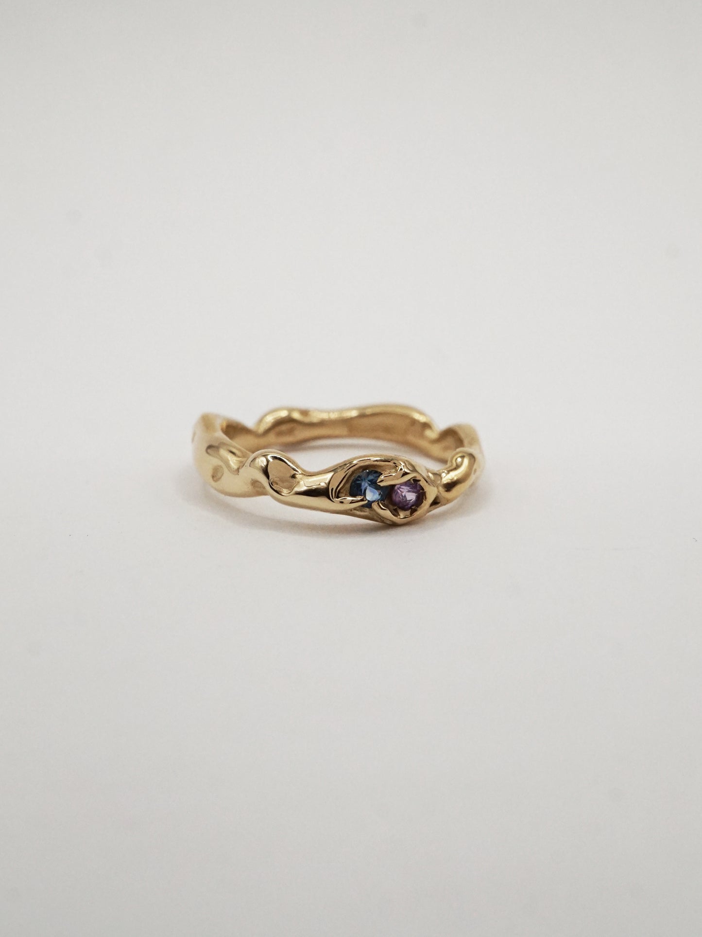 10ct yellow gold OOAK ring with blue and purple sapphires