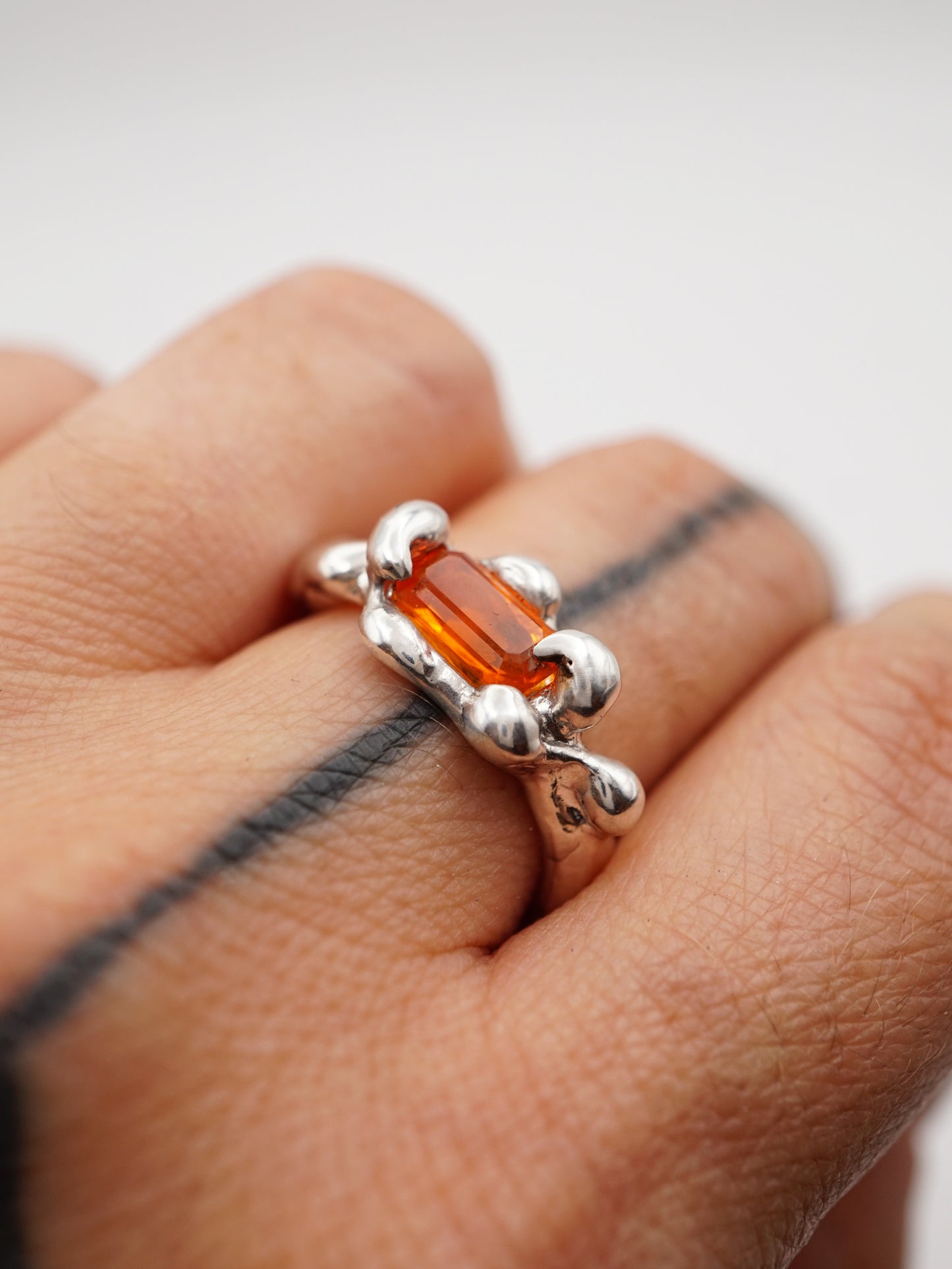sterling silver OOAK ring with rectangle fire opal from Mexico