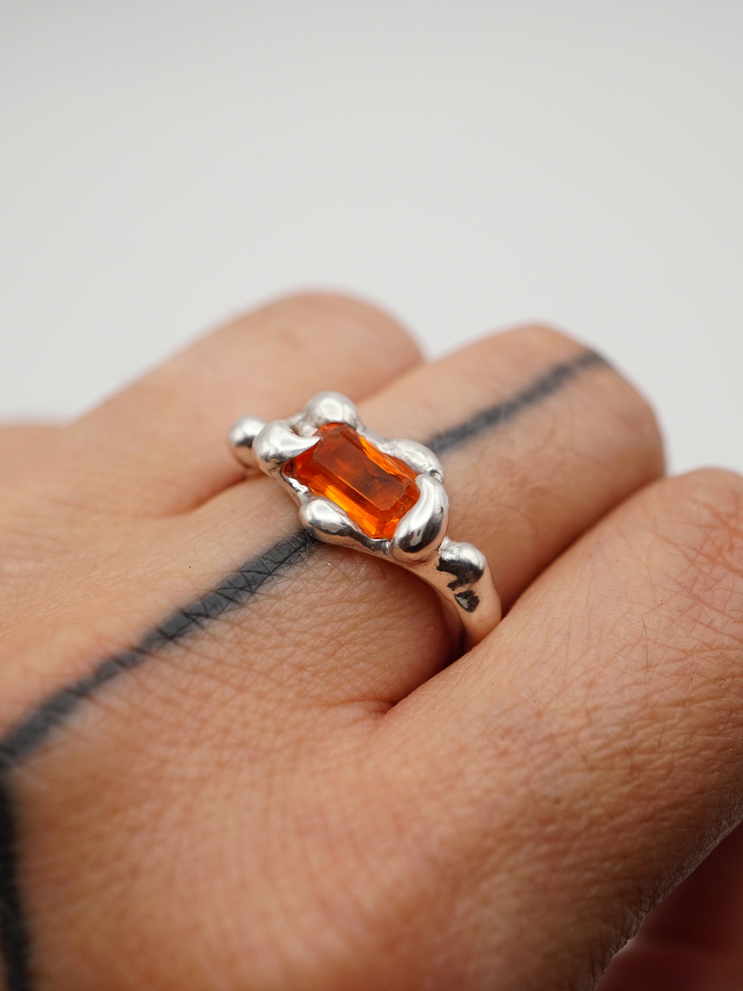 sterling silver OOAK ring with rectangle fire opal from Mexico
