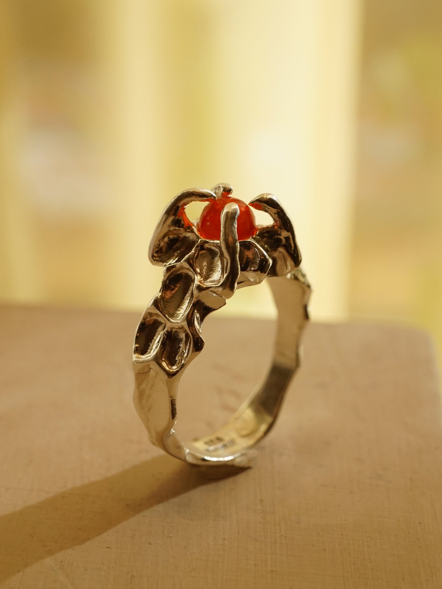 sterling silver OOAK ring with fire opal sphere