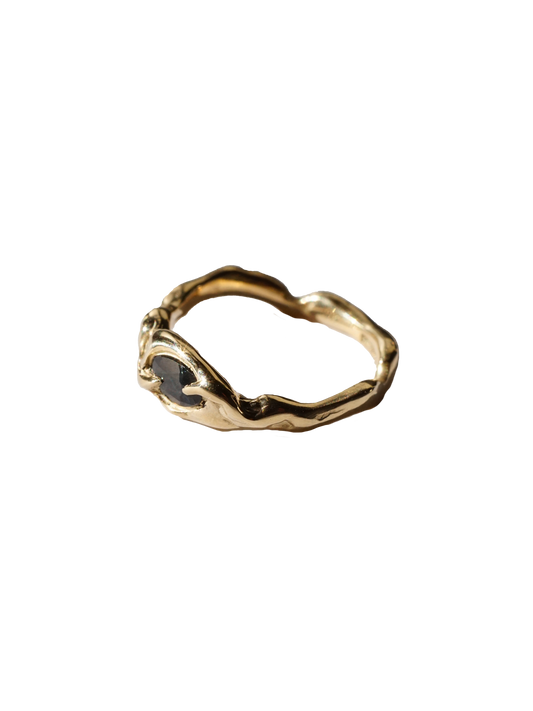 10ct yellow gold OOAK ring with dark blue sapphire