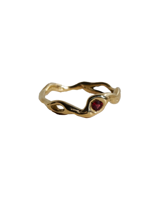 10ct yellow gold OOAK ring with red sapphire