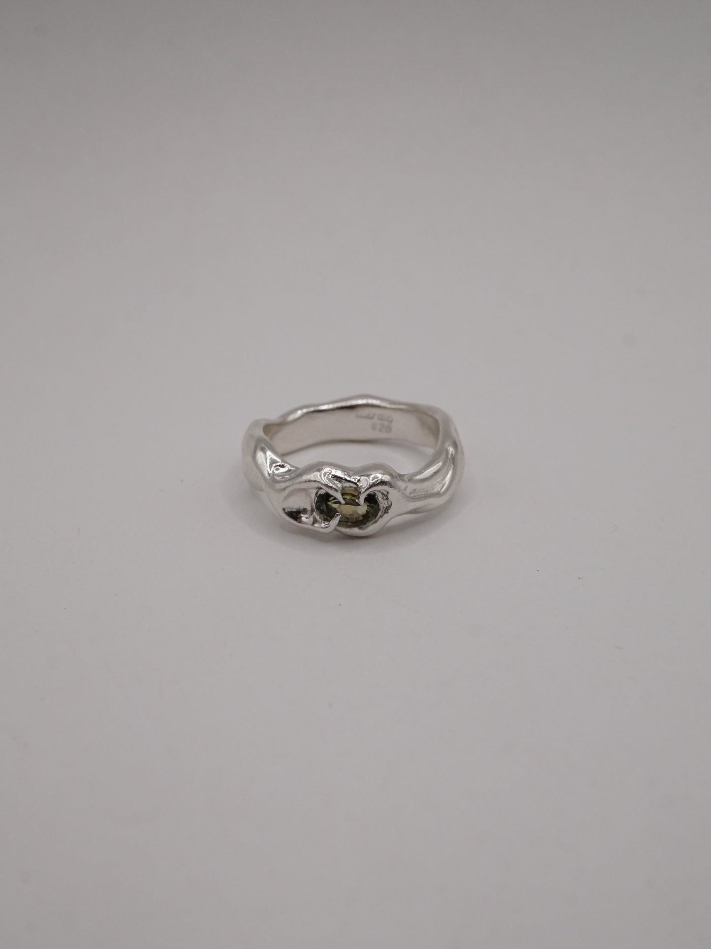 sterling silver OOAK ring with oval green sapphire