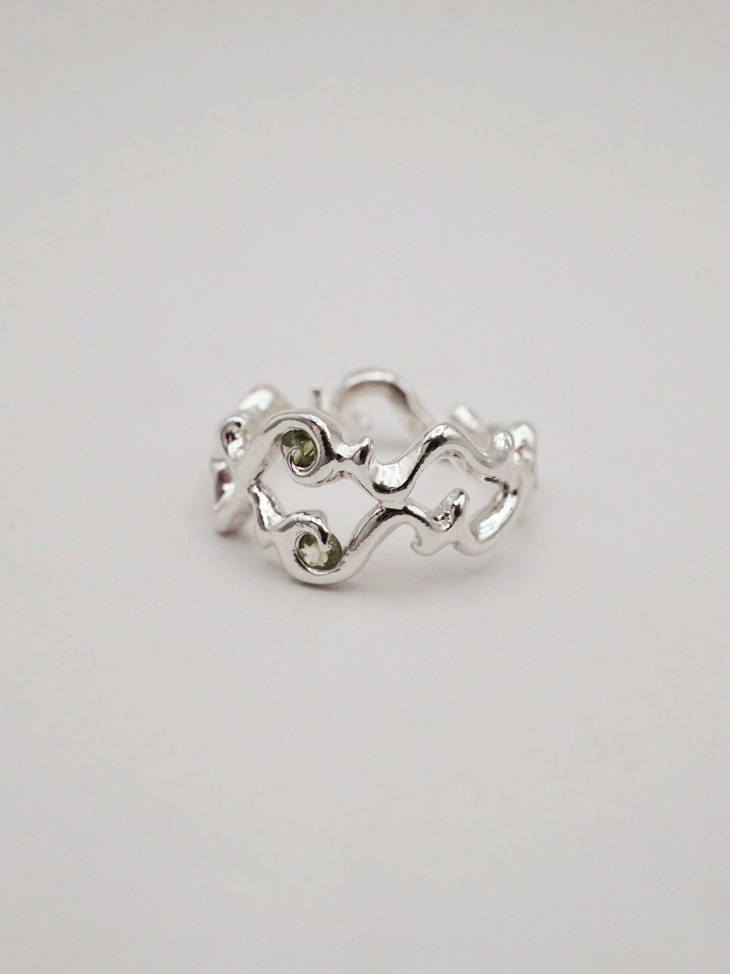 sterling silver OOAK ORNY ring with two green sapphires