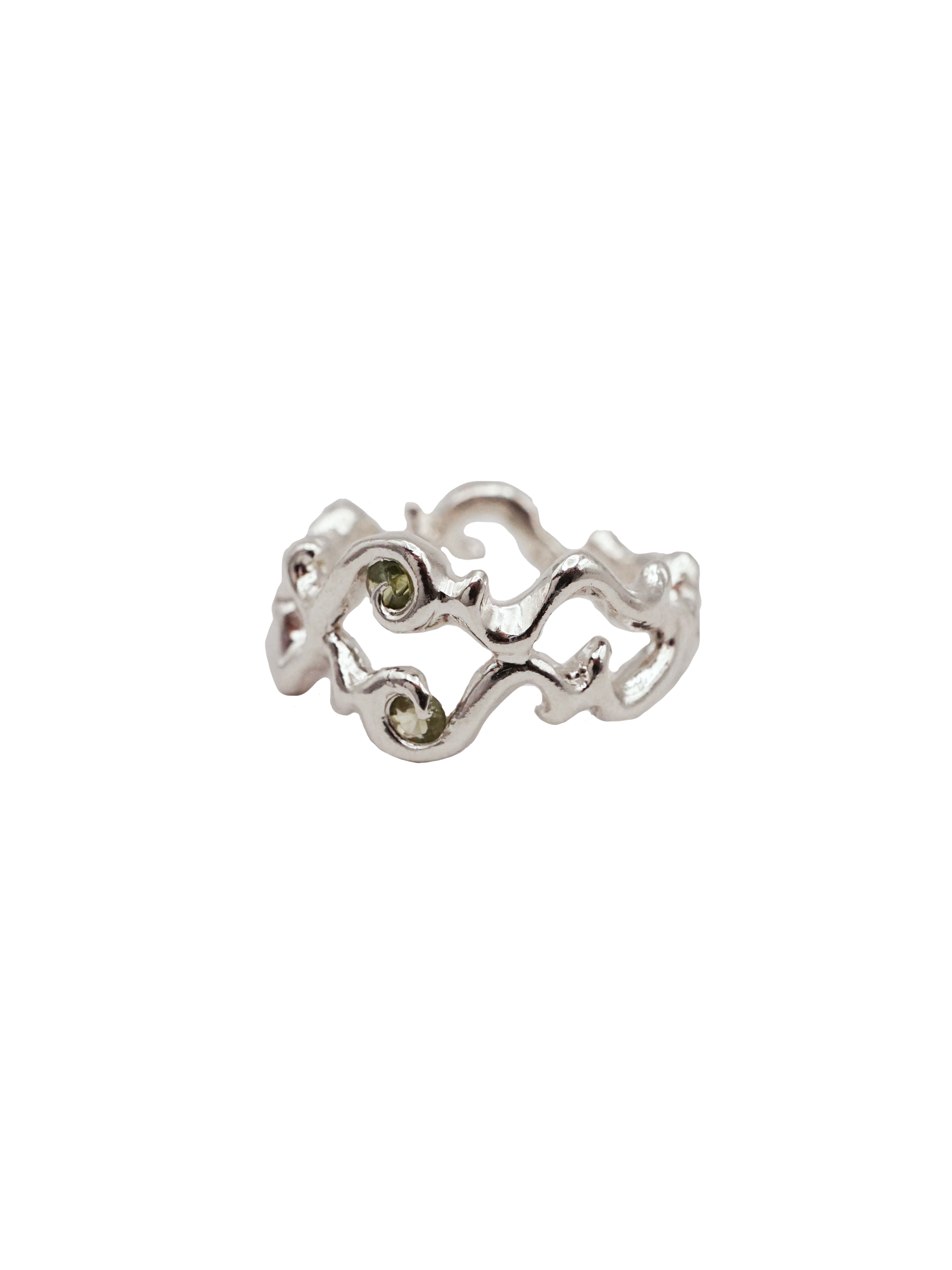 sterling silver OOAK ORNY ring with two green sapphires