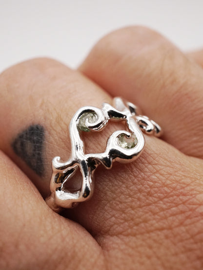 sterling silver OOAK ORNY ring with two green sapphires