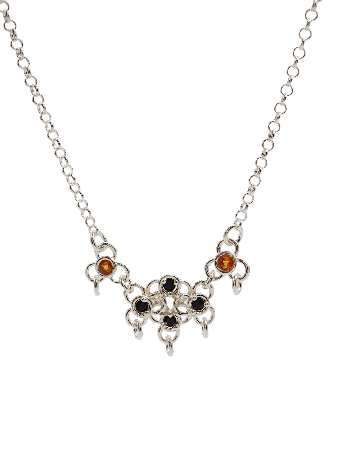 sterling silver TRAME necklace with blue and orange sapphires