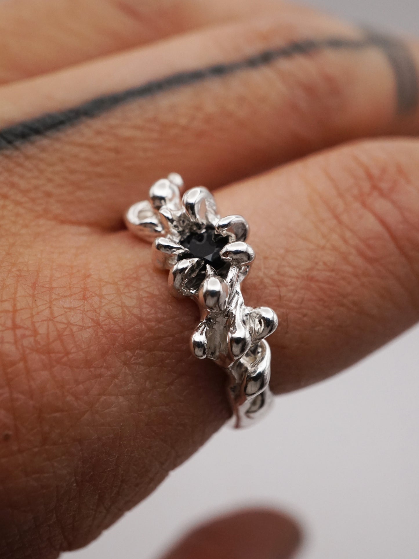 sterling silver OOAK ring with black sapphire